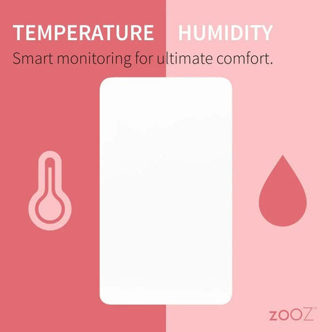 Zooz 800LR Z-Wave temperature and humidity XS sensor, white plastic enclosure, front view.