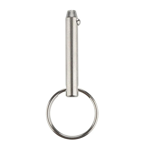 Bimini top quick-release pin with key ring; stainless steel, 2.17 in overall length, 5/16 in diameter.