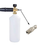 Two 1/4-inch pressure washer quick-connect couplers with male NPT fittings; brass body and metal adapter shown beside a white spray bottle