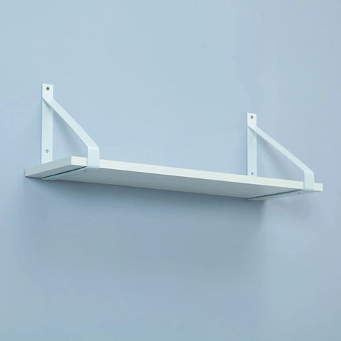 Heavy Duty Wall Shelf Brackets 2 Pack White Industrial Floating Metal Brackets on wall, supporting a flat shelf.