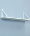 Heavy Duty Metal Shelf Brackets, Super Sturdy Industrial Floating Shelf Supports With Screws, Top Notch White Wall Mount Hardware For Diy Open Storage Shelves, 30 Inch Rock Solid Design mounted on a blue wall.