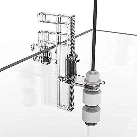 Automatic Top Off System For Aquarium With Pump Smart ATO Water Refiller For Fish Tanks shown installed on tank with durable PC holder