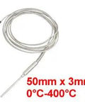 K Type Thermocouple Probe 50mm by 3mm For Temperature Controller With 2M Wire Earth Grounded Sensor 0 To 400 Celsius Fork Terminal Spacing 3mm Built Tough shown coiled and extended.