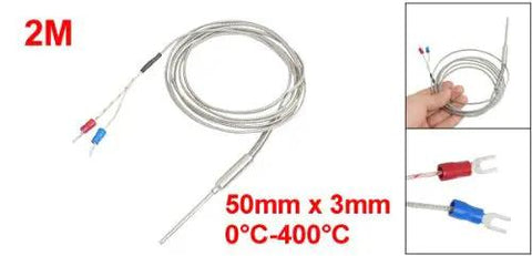 K Type Thermocouple Probe 50mm by 3mm For Temperature Controller With 2M Wire Earth Grounded Sensor 0 To 400 Celsius Fork Terminal Spacing 3mm Built Tough shown coiled and extended.