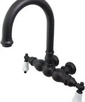 Vintage Oil Rubbed Bronze Wall Mount Tub Faucet with Porcelain Lever Handles, 9.31-Inch Spout, Solid Brass Construction, Side View