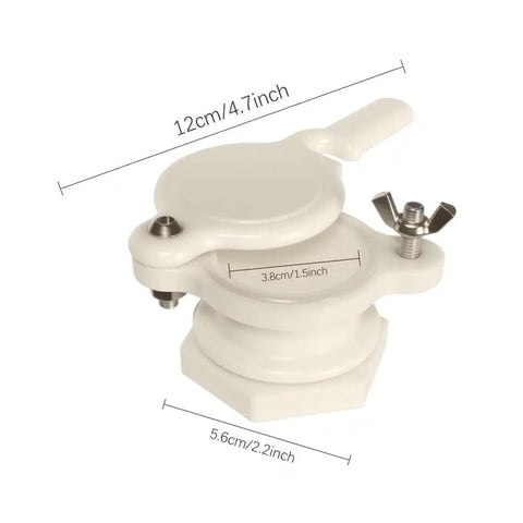Front view of white plastic honey gate valve with threaded barrel for easy food-grade honey bottling and secure installation.