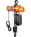 VEVOR electric chain hoist in orange housing with hook and chain, wired remote control