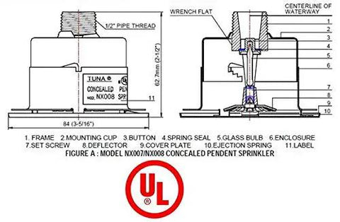 Detailed diagram of Reliable Concealed Pendent Fire Sprinkler Head Half Inch Npt Rated One Fifty Five F showing parts and specifications.