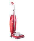 Side view of Tradition Upright Bagged Commercial Vacuum Cleaner With Extended Life Motor Durable Chrome Hood Looped Handle Model SC886G.