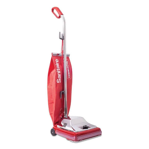 Side view of Tradition Upright Bagged Commercial Vacuum Cleaner With Extended Life Motor Durable Chrome Hood Looped Handle Model SC886G.