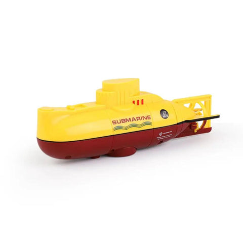 Mini RC Submarine Remote Control Boat Waterproof Underwater Explorer Toy With 6 Channel Control Kid Friendly Easy To Use Rechargeable Battery Perfect Gift For Young Ocean Lovers in yellow and red, side view.