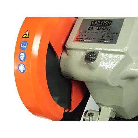 14 Inch Variable Speed Cold Saw With A Badass 3HP Direct Drive Motor For Smashing Through Steel Tubes With Zero Chatter And Precise 45 Degree Miter Cuts On Any Industrial Workspace close-up showing blade guard and motor.