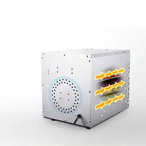 No Stress Six Tray Stainless Steel Food Dehydrator Machine for Fruits Vegetables Beef Jerky Snacks and Herbs with Horizontal Airflow setup.