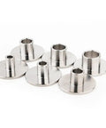 Tough As Nails Router Bit Trim Guide Sleeve With Six Interchangeable Stainless Steel Bushings shown from above, featuring six bushings in various sizes.