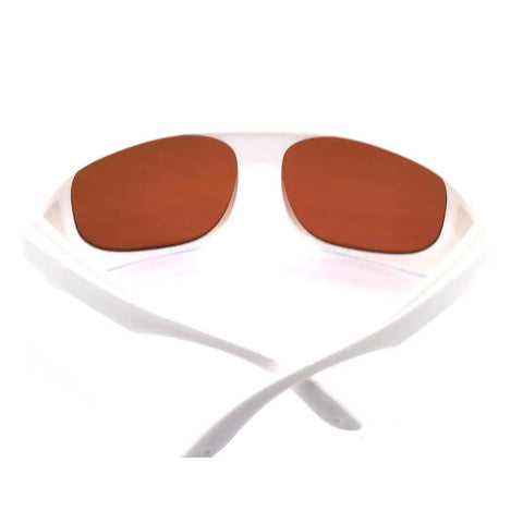 Top Shelf Slick Laser Protective Glasses For YAG And KTP Q Switched Clinics with brown lenses and white frames for eye safety.