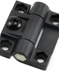 Adjustable Torque Hinge Set For Doors And Cabinets 43mm By 36mm Black Plastic With Four Countersunk Holes Position Control Symmetric Torque 0.790 Nm Stop At Any Angle Includes Four Hinges And Sixteen Screws For Easy Install, close-up of hinge