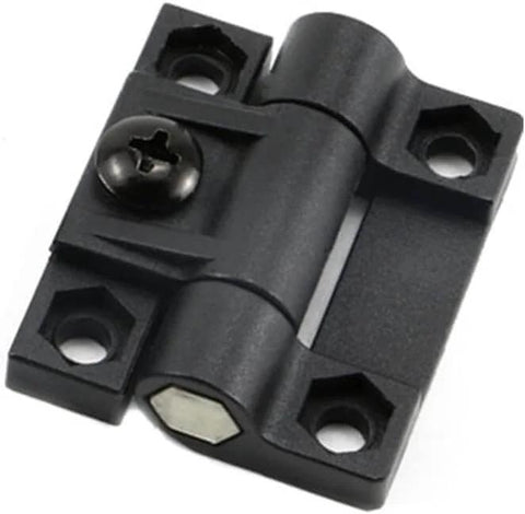 Adjustable Torque Hinge Set For Doors And Cabinets 43mm By 36mm Black Plastic With Four Countersunk Holes Position Control Symmetric Torque 0.790 Nm Stop At Any Angle Includes Four Hinges And Sixteen Screws For Easy Install, close-up of hinge