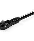 Close-up of True Mechanic 90 Tooth Dust Proof Black Chrome Locking Flex Head Ratchet with One Half Inch Drive for tight spaces.