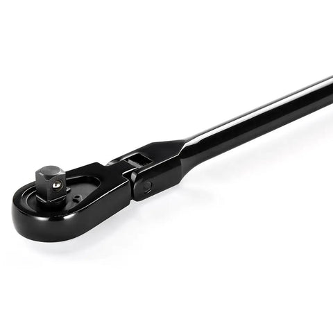 Close-up of True Mechanic 90 Tooth Dust Proof Black Chrome Locking Flex Head Ratchet with One Half Inch Drive for tight spaces.