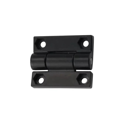 Front view of black torque-damping hinge, zinc alloy, two mounting plates with screw holes and central damper