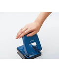 Heavy-Duty 2-Hole Punch With Smooth Action, Handles Up To 37 Sheets, blue design, ergonomic palm-sized use, showing adjustable guides