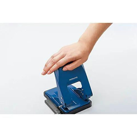 Heavy-Duty 2-Hole Punch With Smooth Action, Handles Up To 37 Sheets, blue design, ergonomic palm-sized use, showing adjustable guides