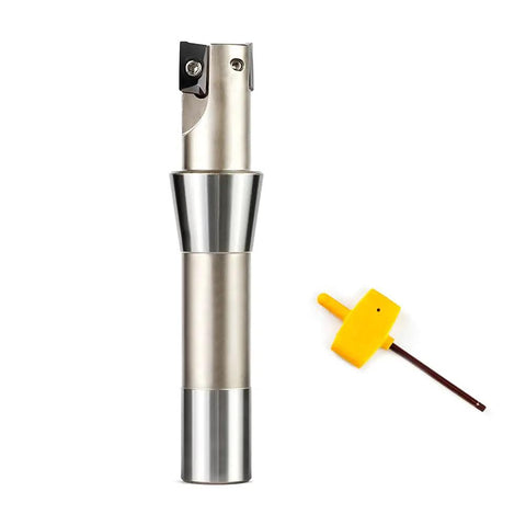 Front view of Beefy Indexable End Mill With R8 Shank One Inch Cutting Diameter Five And Twenty Seven Thirty Second Inch Overall Length Ninety Degree Right Hand Cut Two Flutes Carbide Insert Ready AP16 Nickel Plated Includes Two APKT1604 Carbide Inserts next to a yellow tool