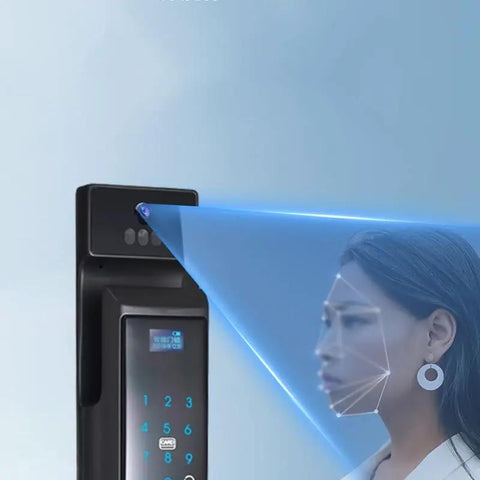 Fully Automatic Smart Door Lock Offering Slick 3D Fingerprint Recognition And Instant Remote Video Chat For Dead Simple Secure Entry Using Passcodes Swipe Cards Standard Keys with facial recognition technology.