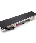 Mini Metal Desktop Conveyor Belt System with aluminum alloy frame and stainless steel supports, side view