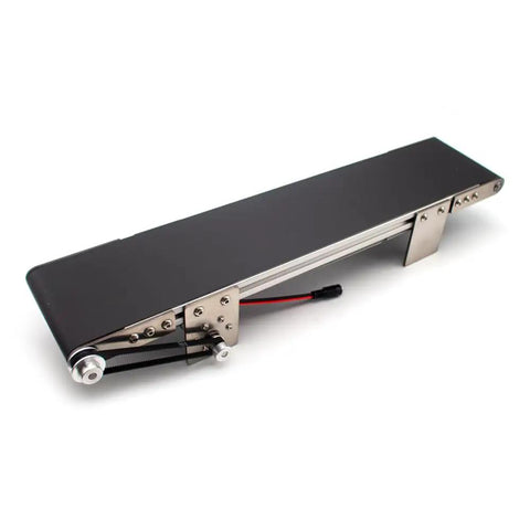 Mini Metal Desktop Conveyor Belt System with aluminum alloy frame and stainless steel supports, side view