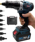 Rock Solid Cordless Electric Rivet Gun Delivering No Sweat M3 To M12 Blind Nut Setting With Auto Feed Technology shown with attachments and battery.