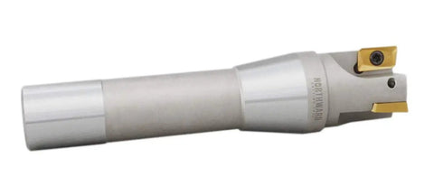 1-1/4 Inch By 5-27/32 Inch 90 Degree R8 Shank Indexable End Mill With Three APKT1604 Tin Coated Carbide Inserts Installed Positive Rake Right Hand Cut Pro Grade Milling Tool For Aluminum And Steel