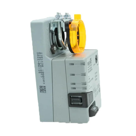 Side view of Belimo 90-second actuator, 45 in-lb torque, gray housing with yellow protective cap