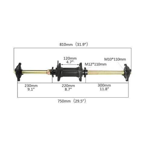Dimensions of Heavy Duty Go Kart Rear Axle Kit With Snow And Sand Tracks for DIY projects, 32-inch length, metal construction