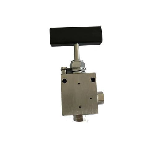 Needle valve, hand-operated, SS316, 6/19 inch size, black rectangular handle for gas/water