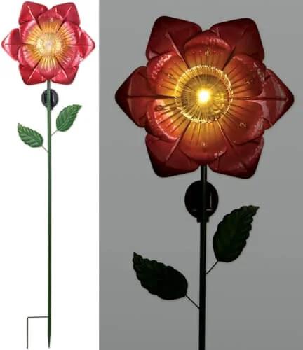 Red fiber optic poppy solar garden stake with dusk to dawn sensor, 48 inches tall, shown illuminated for outdoor use in yard decor.