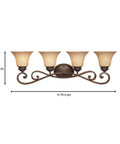 Front view of Mendocino 31.75 Inch Four Light Bathroom Vanity Fixture in Forged Sienna with warm amber glass and ornate detailing.