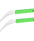 Close-up of two green-handled scythe tools from 8-Piece Weeder And Grass Cutter Set For Gardening, Handheld Scythe Tools For Weeding