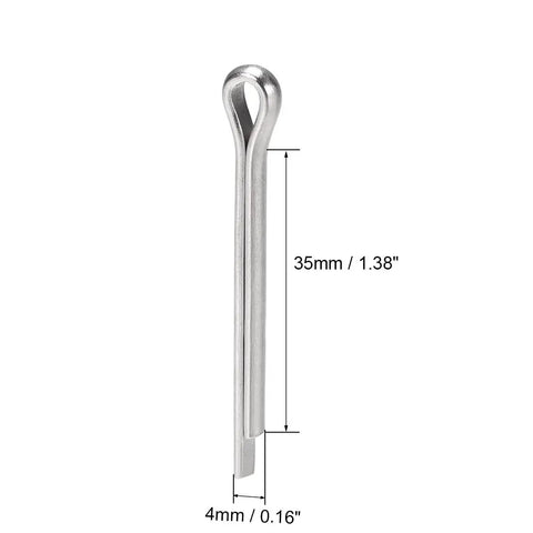Split Cotter Pin 4mm By 35mm 304 Stainless Steel 2 Prongs Silver Tone Fastener Clip side view with dimensions