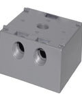 Weatherproof 2 Gang Electrical Box With Four Half Inch Knockouts 31 Cu In Capacity Die Cast Metal Housing For Receptacle Or Switch Wiring Includes Ground Screw Closure Plugs Mounting Lugs Gray front view