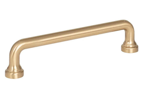 Malin Collection Cabinet Pull Warm Brass Finish With 5 1/16 Inch Mounting Centers, Overall Length 5 3/4 Inches, side view.