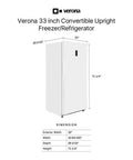 Spacious 33 Inch Convertible Upright Freezer And Refrigerator With 20 Point 2 Cubic Feet Stash Room, dimensions displayed.