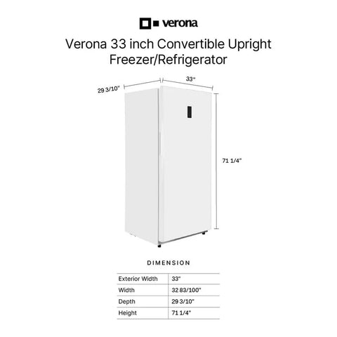 Spacious 33 Inch Convertible Upright Freezer And Refrigerator With 20 Point 2 Cubic Feet Stash Room, dimensions displayed.