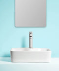 Countertop Bathroom Sinks 18.8"X14.5" Rectangular Bathroom Sink, Above Counter Ceramic Vessel Sink With Faucet, White Vanity Sink Basin Bathroom Vanity Sinks Basin on blue backdrop.