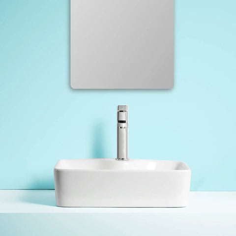 Countertop Bathroom Sinks 18.8"X14.5" Rectangular Bathroom Sink, Above Counter Ceramic Vessel Sink With Faucet, White Vanity Sink Basin Bathroom Vanity Sinks Basin on blue backdrop.