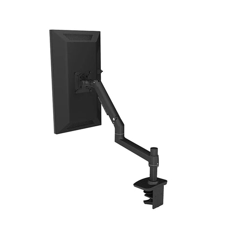 Full Motion Monitor Desk Mount Accommodates 17 To 32 Inch Displays Featuring Rugged Aluminum Spring Arm angled view with clamp