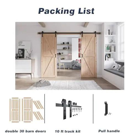 Image of Rock Solid Double Barn Door System With Full Hardware Kit showing double 30 barn doors and 10 ft track kit in a modern room