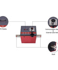 Plug And Play Rotary Torque Sensor And Transducer With 10Nm Range, LCD Display, And RS485 0 to 10V Output For Easy Motor Speed Measurement, Torque Tester For PLC DCS And Automation, Includes 7 Pin Waterproof Connector And 3m Cable. Red torque sensor with LED display, shaft, and connector