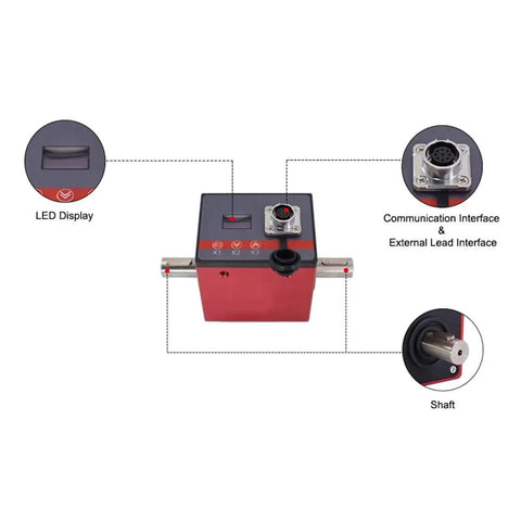 Plug And Play Rotary Torque Sensor And Transducer With 10Nm Range, LCD Display, And RS485 0 to 10V Output For Easy Motor Speed Measurement, Torque Tester For PLC DCS And Automation, Includes 7 Pin Waterproof Connector And 3m Cable. Red torque sensor with LED display, shaft, and connector