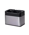 Electric Portafilter Cleaner With Zero Headache Grounds Knock Box For Game Changing Espresso Machine Maintenance and Easy Coffee Tamper Handle Scrubbing In Sleek Silver Trim, stainless steel design, waste bin for coffee grounds.
